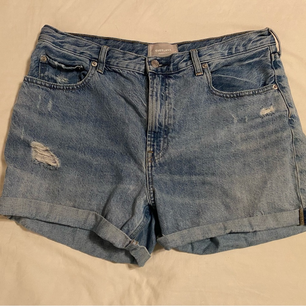 Everlane The Denim Short Organic Cotton 31 Blue Hi Rise Distressed Jean Shorts